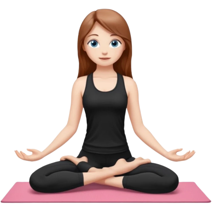 A girl with fair skin and a natural blush. Eyes are large, expressive, blue. Hair is long, straight, chestnut-colored. The smile is soft, friendly, doing yoga in a black top and leggings is standing in a yoga pose emoji