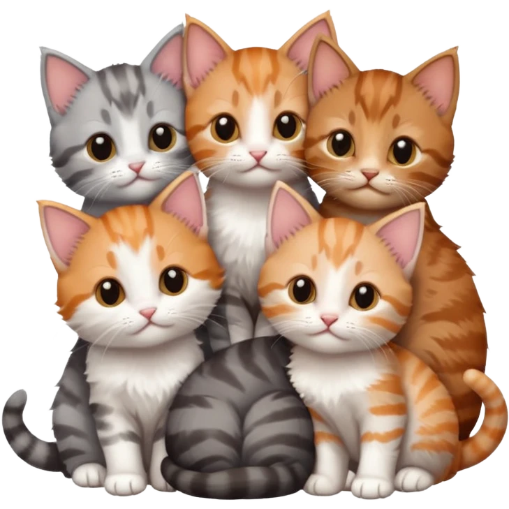6 tiny kittens cuddling together all different colours, the first one is grey and white, the second is ginger and white and the third is brown tabby and white emoji