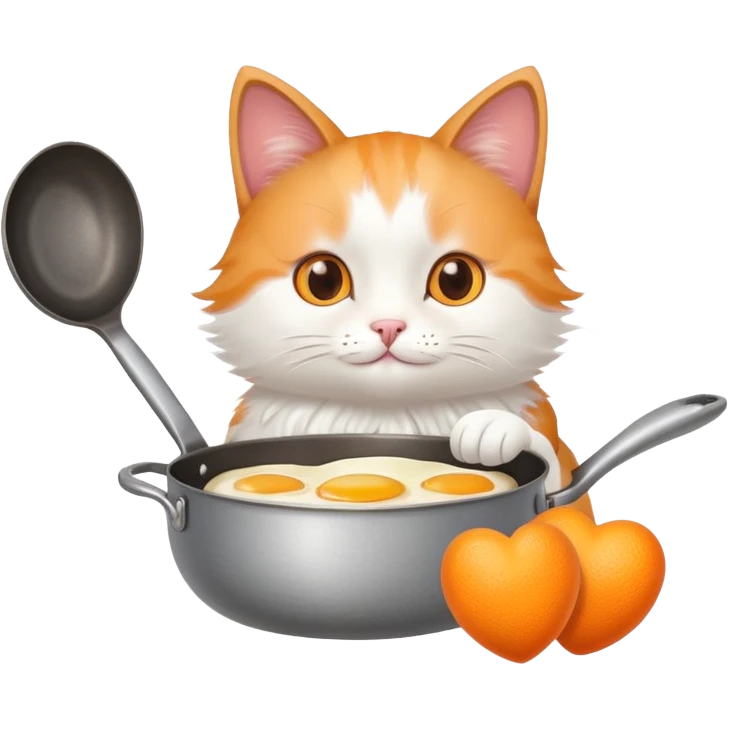 a cat holding a cooking pan with double heart-shaped egg emoji