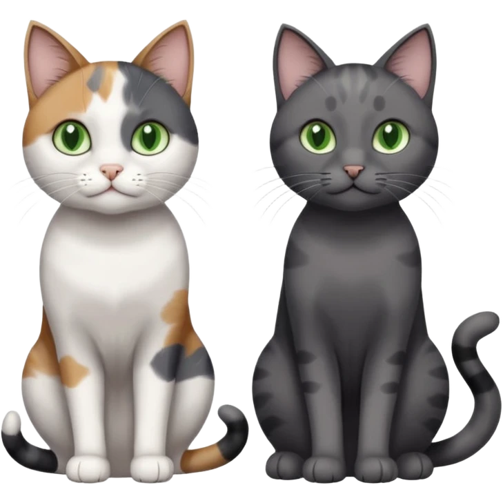 3 different coloured small cats including a dark grey and white, and a patchy calico and a completely solid dark grey with green eyes and only white paws emoji