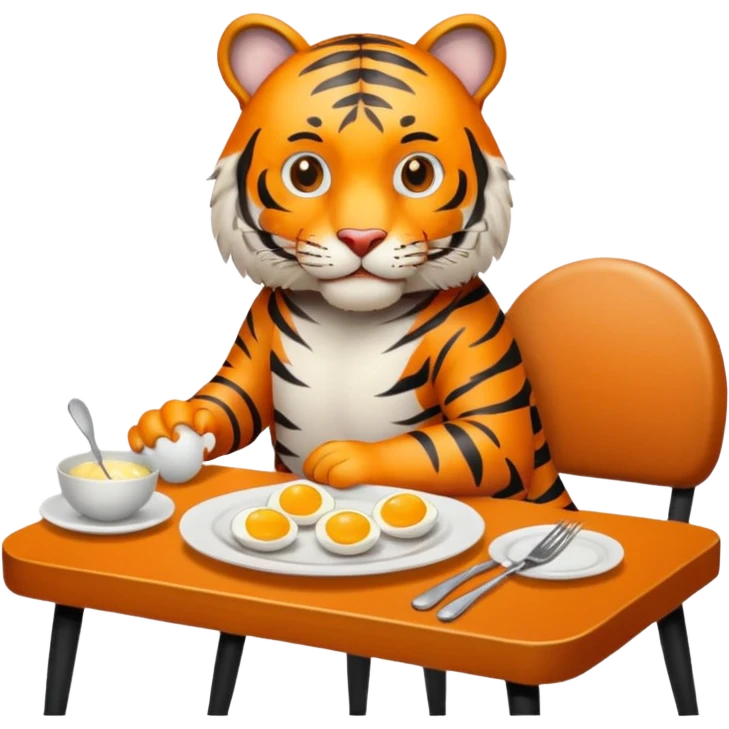 Tiger sitting by a table on a chair with a plate of eggs and bacon in front of him on the table place setting emoji