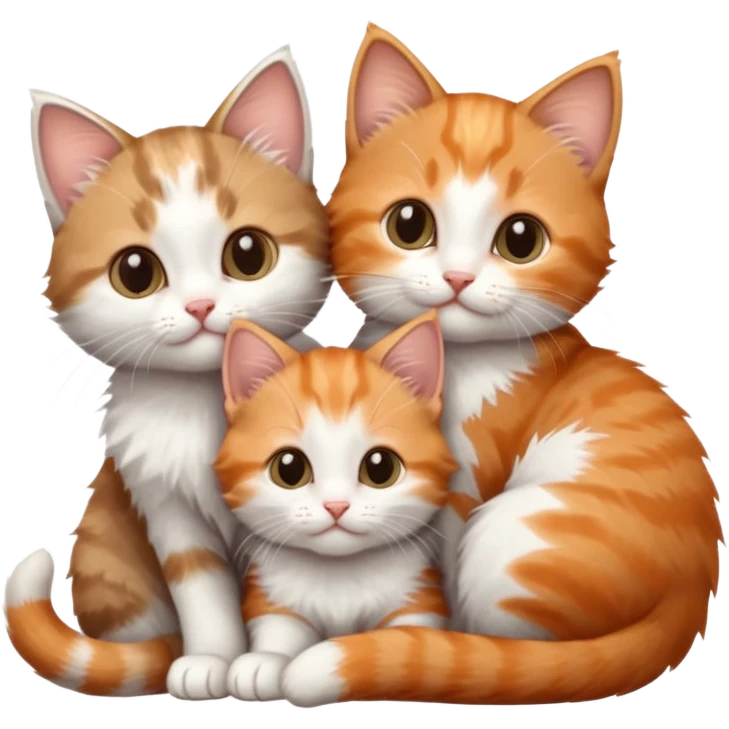3 tiny kittens cuddling together all different colours, the first one is grey and white, the second is ginger and white and the third is brown tabby and white emoji