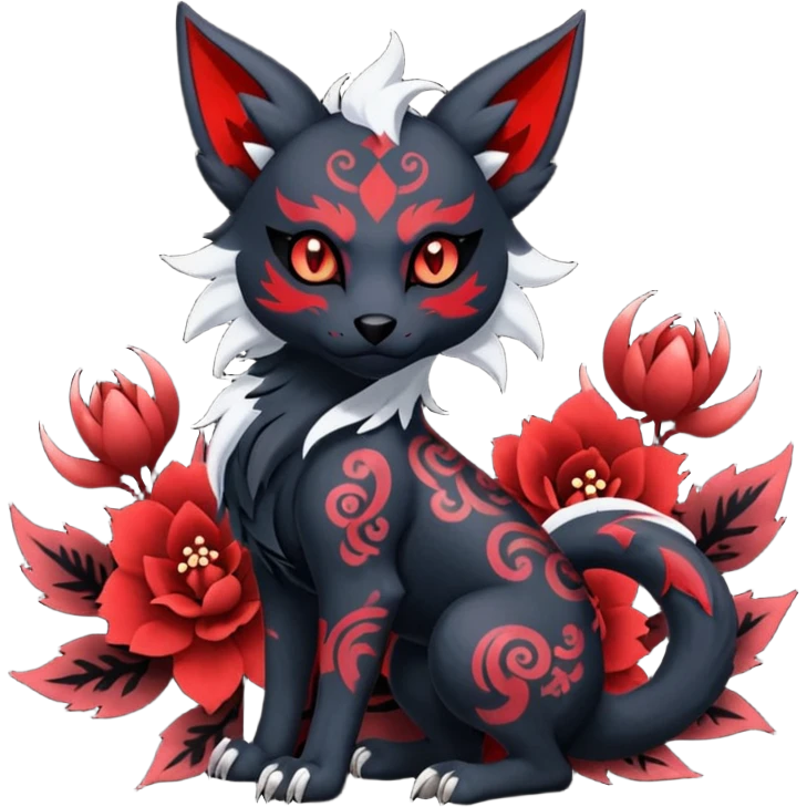 Asian-painted tattooed oriental Floral gothic edgy emo cool and ruby-jewelry-adorned Absol-Litten-Zorua-Houndour-fusion-Fakemon-animal-creature  emoji