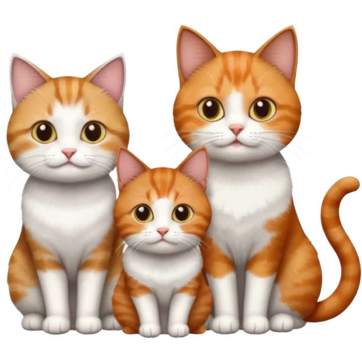 3 different coloured short haired cats including; a dark brown tabby and white cat, and a dark grey and white and a ginger and white emoji