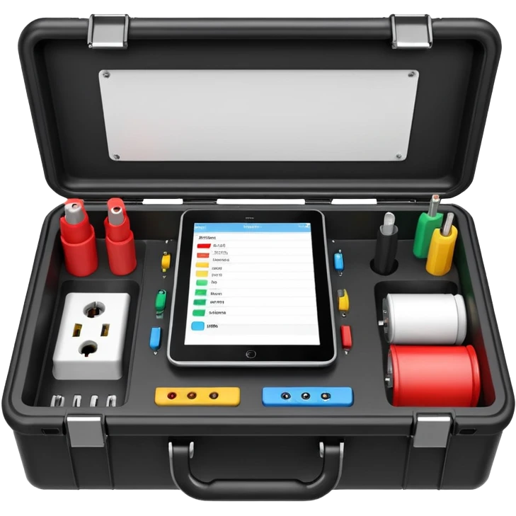 An open black hard-shell test case, inside: technical control panel, a power outlet, USB port, and colored test sockets. A large roll of white test labels lies next to the equipment, along with one red test probe. emoji
