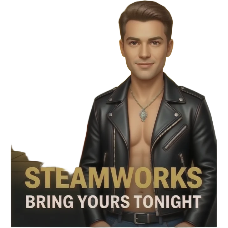 Poster "Sausage party at SteamWorks, bring yours tonight." In a gay male leatherman theme. emoji