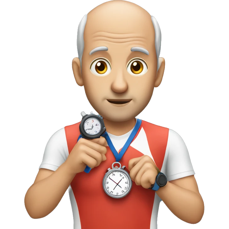 Cross country coach holding a stopwatch who is slightly balding emoji