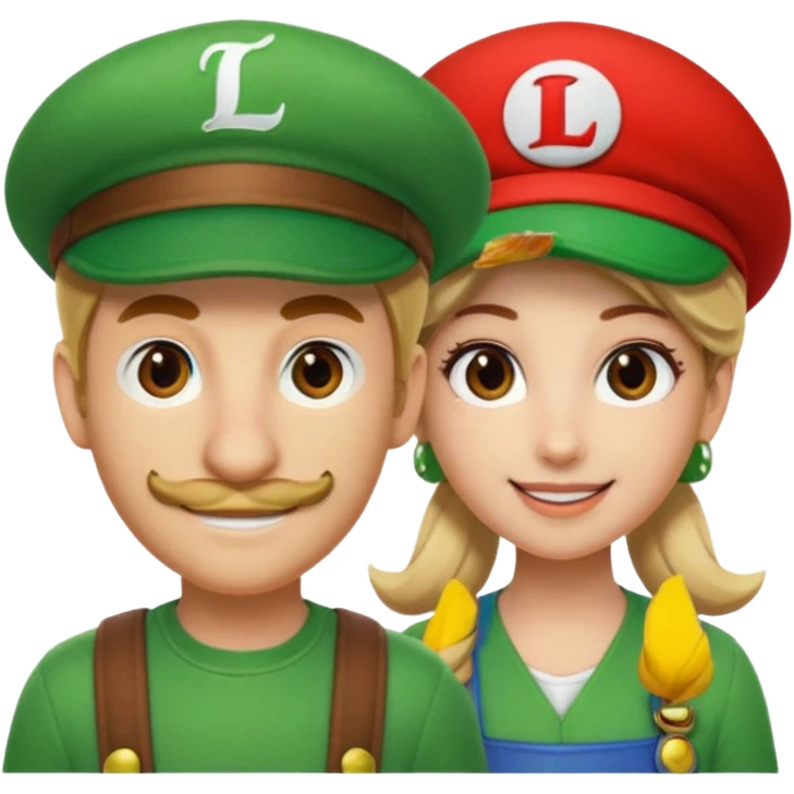blonde female Luigi (with the Luigi green hat with an L on it) and a normal brown hair male Mario with the red hat with a M on it. They are friends just smiling. This video game emoji