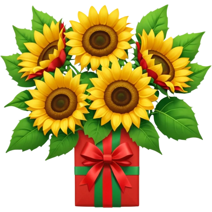 bouquet of sunflower with red bow and red wrapping paper emoji
