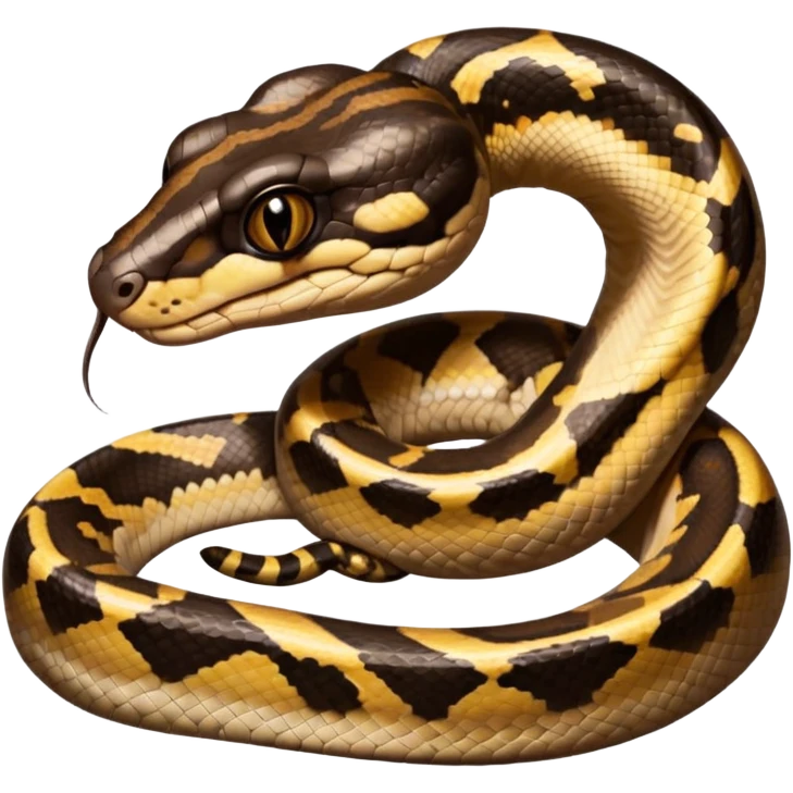 A photo-realistic digital illustration of a Ball Python, large headshot portrait. The snake has a short, rounded snout, smooth contours, and a calm, curious expression. Its head is warm brown with bold, irregular dark markings, including the signature “alien-head” pattern.  emoji