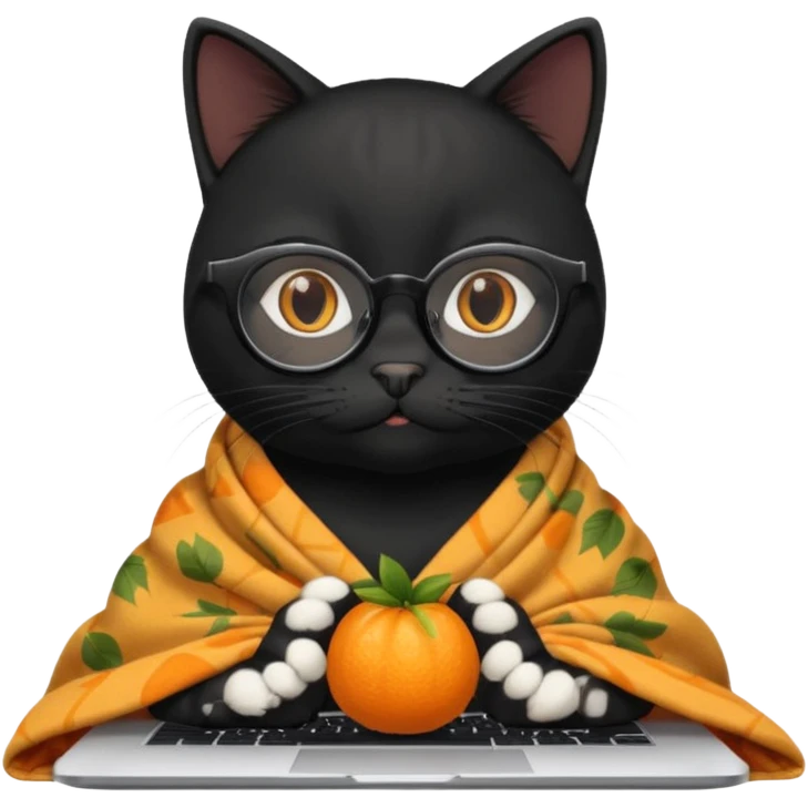 A black female cat working on a MacBook, with long, black straight hair, with round frames and thin glasses, and she wears a blanket with an orange fruit pattern emoji