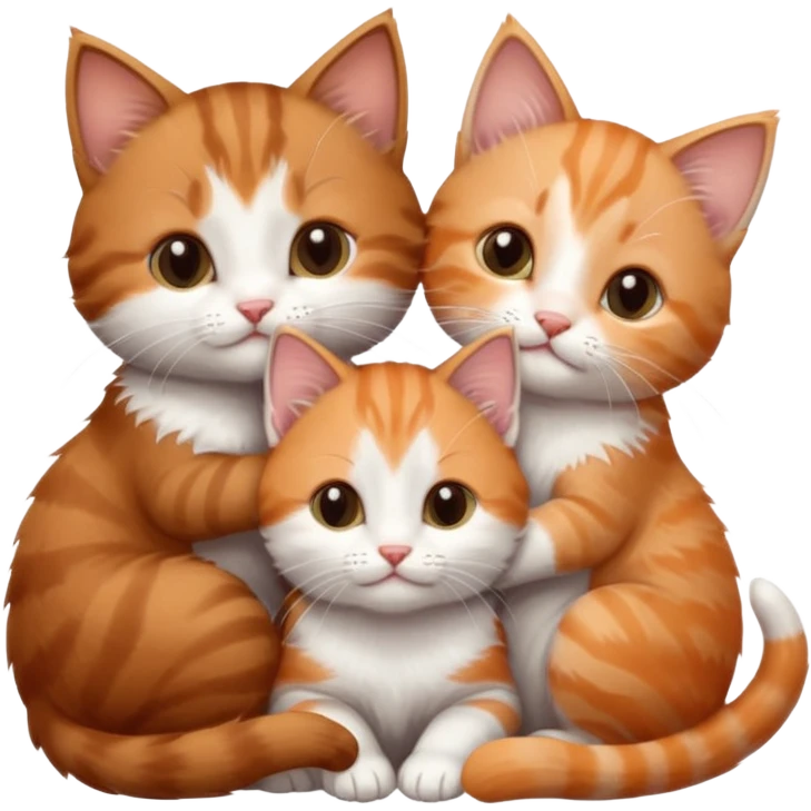 3 tiny kittens cuddling together all different colours, the first one is grey and white, the second is ginger and white and the third is brown tabby and white emoji