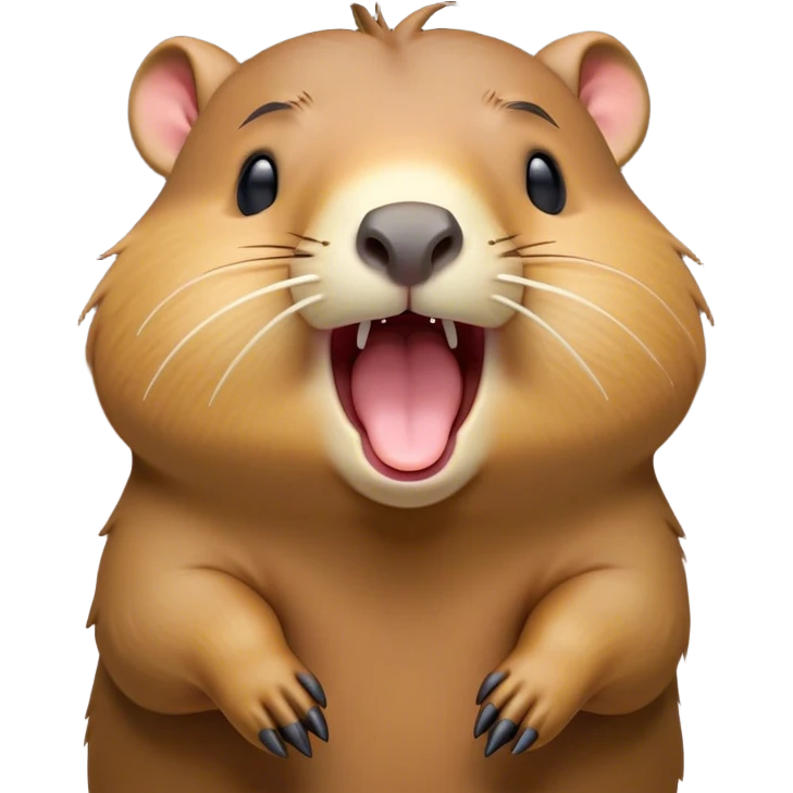 Cinematic Cute Yawning Capybara Portrait Emoji, Head tilted slightly with a dramatic, wide-open yawn, showcasing a plush, rounded body with drowsy, half-closed eyes and a relaxed expression, Simplified yet irresistibly adorable features, highly detailed, glowing with a soft, cozy natural glow, high shine, relaxed yet expressive, stylized with a dash of whimsical charm, soft glowing outline, capturing the essence of a drowsy yet affectionate guardian that seems ready to stretch out for a nap! emoji
