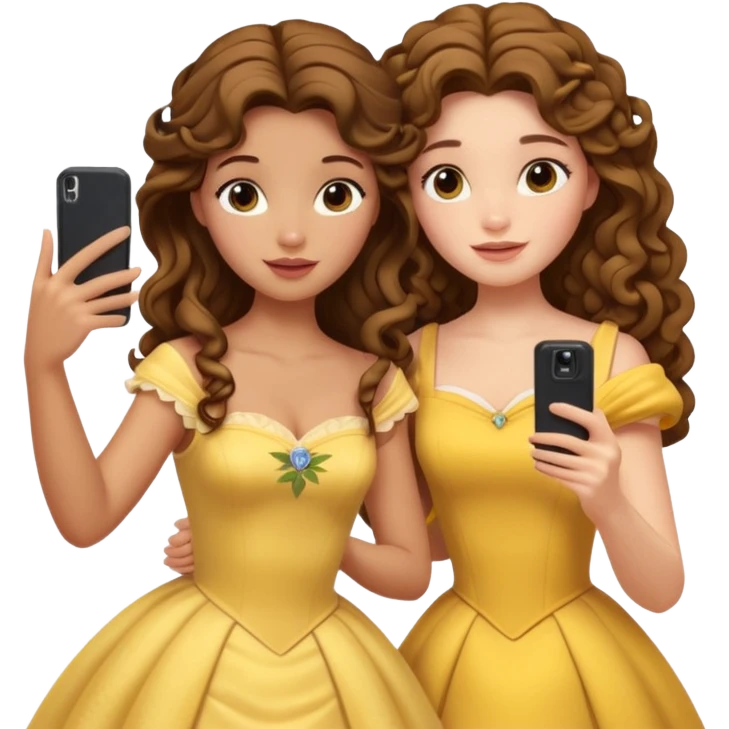Haz un dos chicad una la princesa Bella de Disney y la otra uo con el pelo rizado largo haciendose un selfie como si et UVI ETB en el perquè de isney emoji