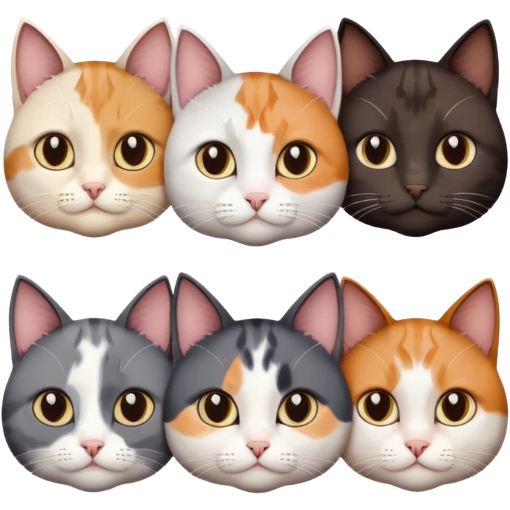 5 different coloured short haired cats including; a dark brown and white cat, and a dark grey and white, and a calico emoji