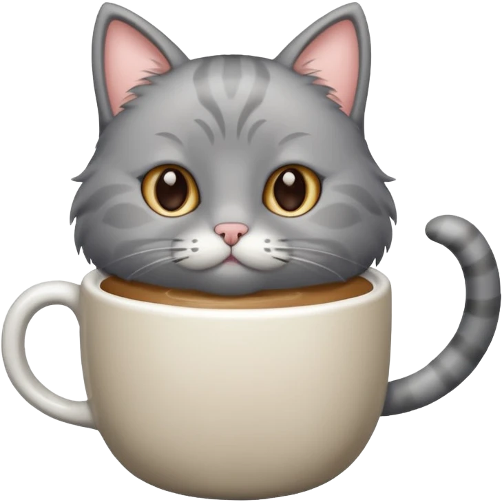 Happy gray Cat holding in its front two paws an hot latte emoji