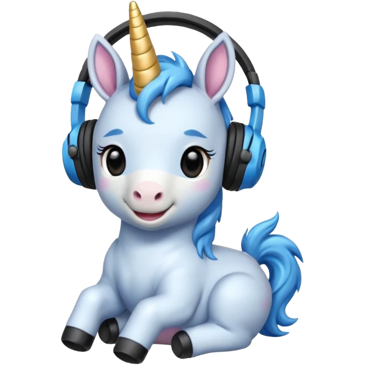 Unicornio bebé azul sentado escuchando música con auriculares negros emoji