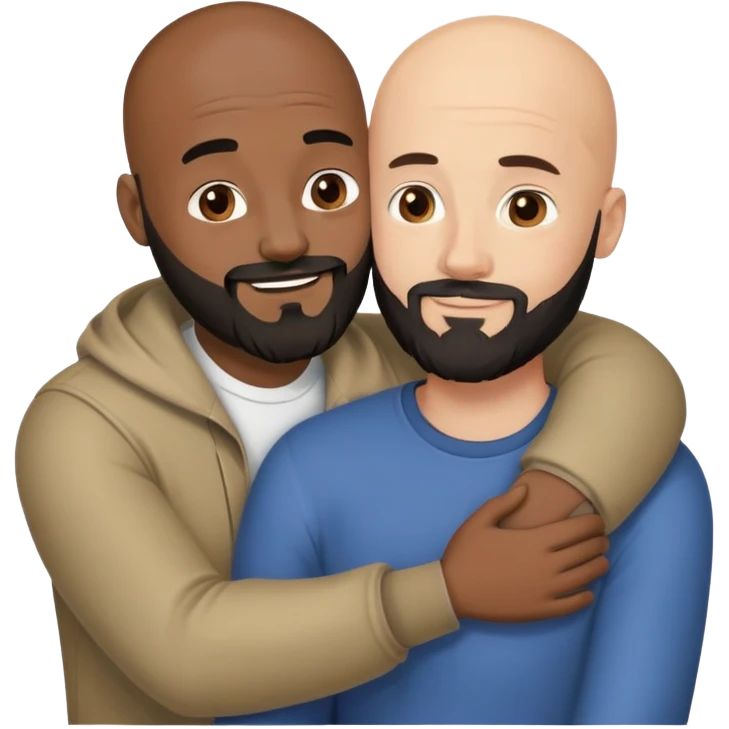 Two guys hugging, one African American, one Caucasian, one is bald with black beard and the other guy have brown hair emoji
