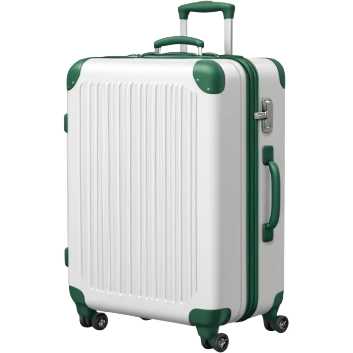 white ribbed suitcase on wheels with handle, dark green corners, handle and wheels, slightly top view, emoji style emoji