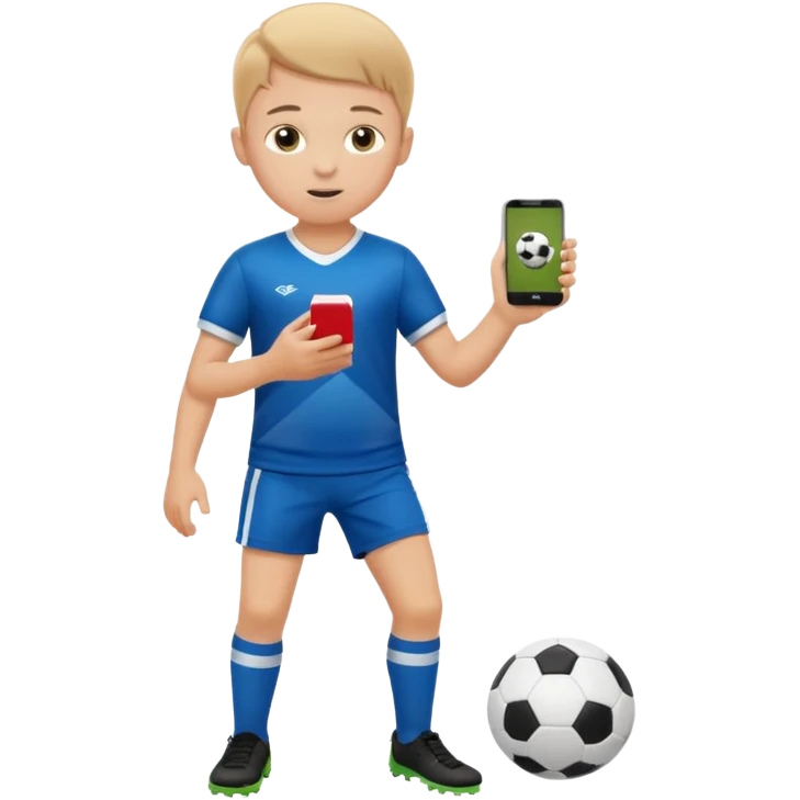 A white child is holding a phone and playing football at the same time. emoji