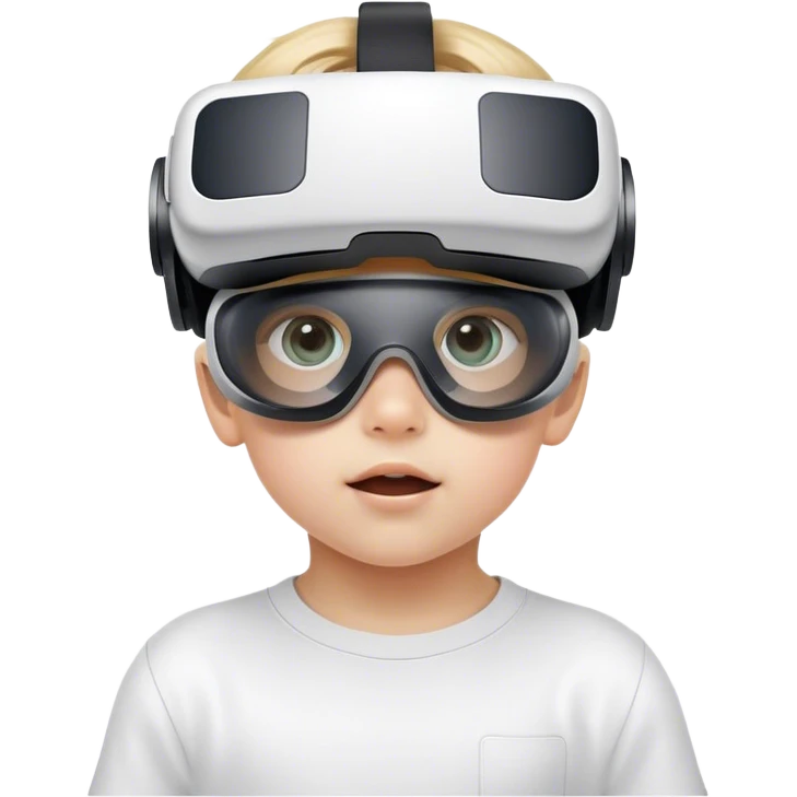 Child wearing virtual reality glasses, with a curious and engaged expression, exploring the digital world through VR technology. emoji