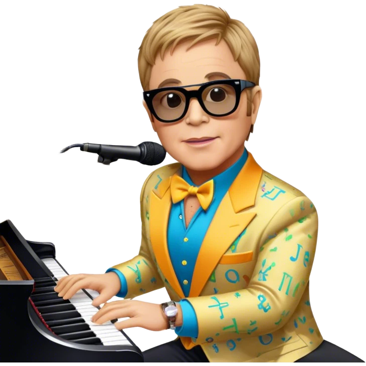 Pop music icon: Elton John at the piano in signature glasses and colorful outfit, George Michael holding a microphone in stylish attire. Stage lights and musical notes in the background. Transparent background. emoji