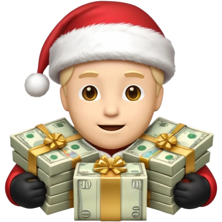A confident rich emoji face wearing a Santa hat, money stacks, casino vibe, New Year theme, premium 3D emoji style, sharp details, no text, isolated on transparent background emoji