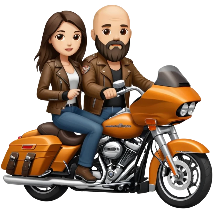 Harley Davidson road glide bearded bald man with brunette girl  pillion emoji