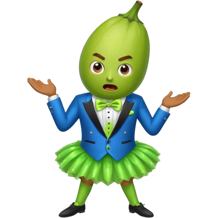 Angry blue banana fruit wearing a sparkly lime green tuxedo and tutu emoji
