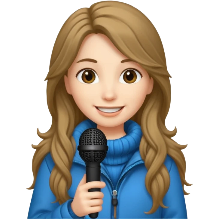 long haired woman with winter clothes holding microphone emoji