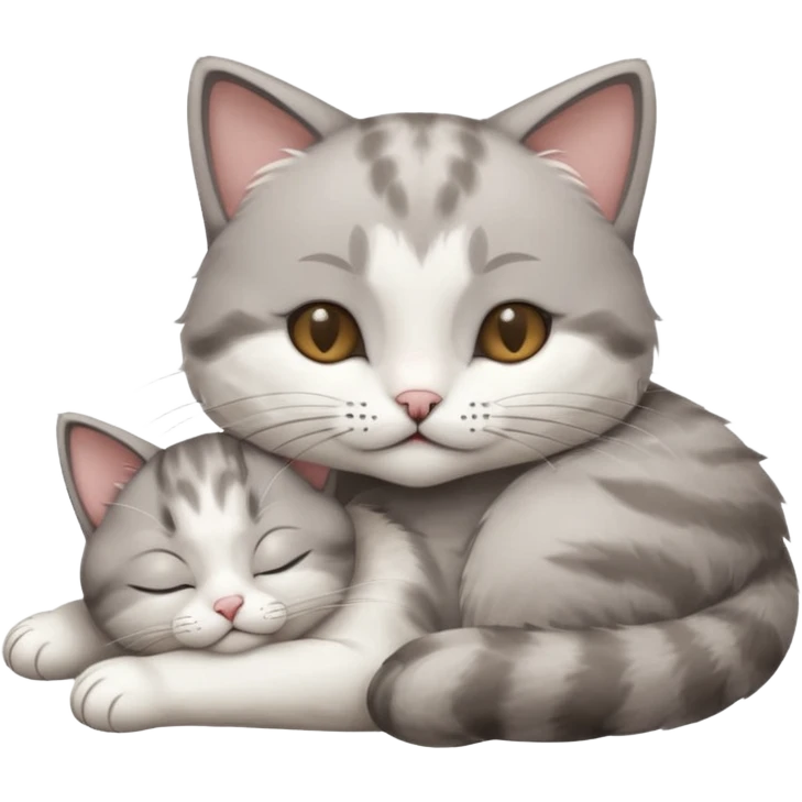 1 grey and white small cat with his eyes closed lying down leaning on his elbow with his paw curled under his head holding it up emoji