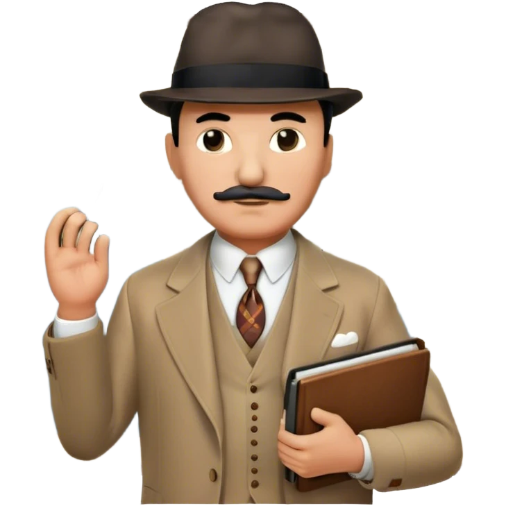A cinematic-style frame showing Hercule Poirot in his iconic suit with a notebook in a dramatic detective pose. Background should be mysterious city, map, a board with photos of suspects, clues like fingerprints. Transparent background. emoji