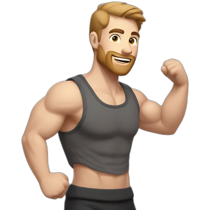 Close up Actively gesturing  with hands Pale skinned Fit Man With the biceps and brown hair in dark gray Sleeveless Mike, black oversize sports shorts, watch and white Sneakers emoji