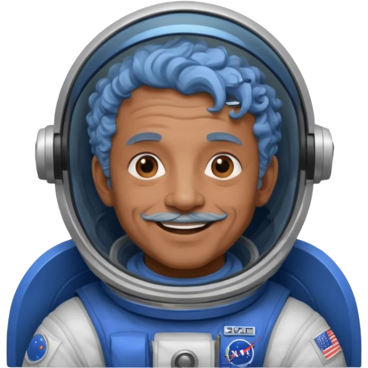 old man, brown skin astronaut with curly blue hair, smile emoji