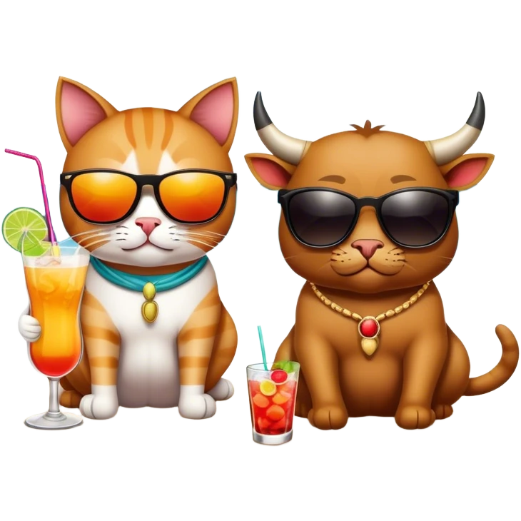 Кошка и бык лежат на пляже вместе, пьют коктейли в Таиланде emoji