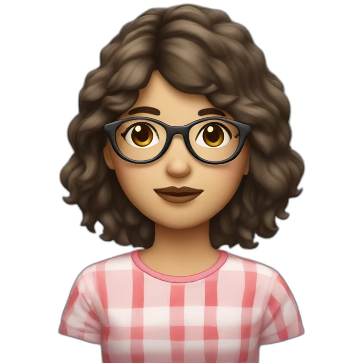 Brunette girl with circle glasses and mullet long hair and a strawberry emoji