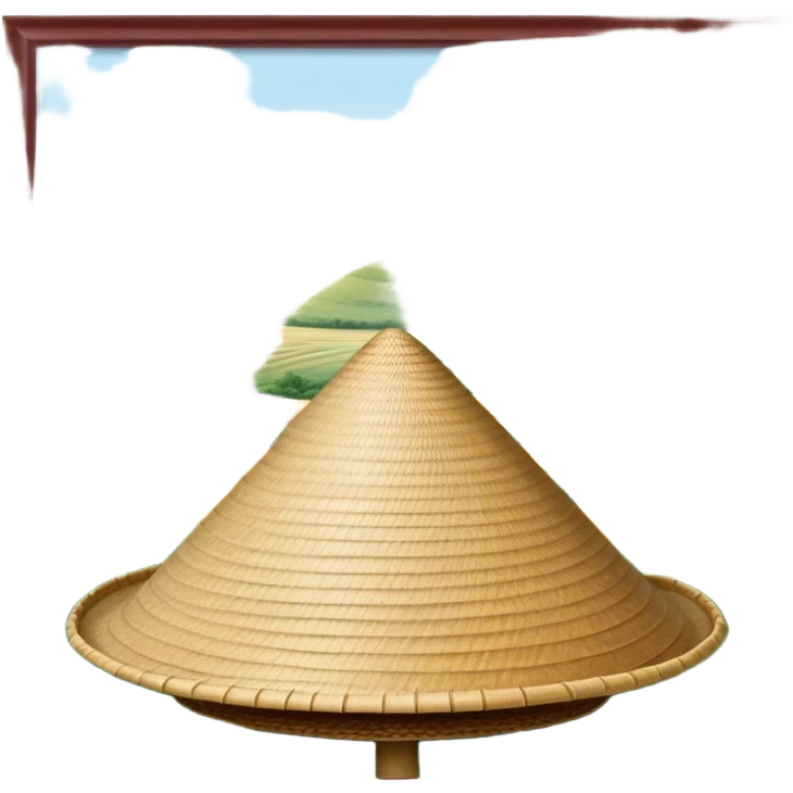Cinematic Realistic image of an iconic conical hat (Nón Lá), rendered with detailed textures and subtle natural hues, set against a serene rural Vietnamese landscape with gentle, diffused lighting emoji