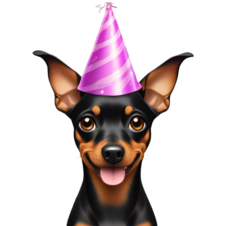 miniature pinscher with floppy ears in a birthday hat  emoji