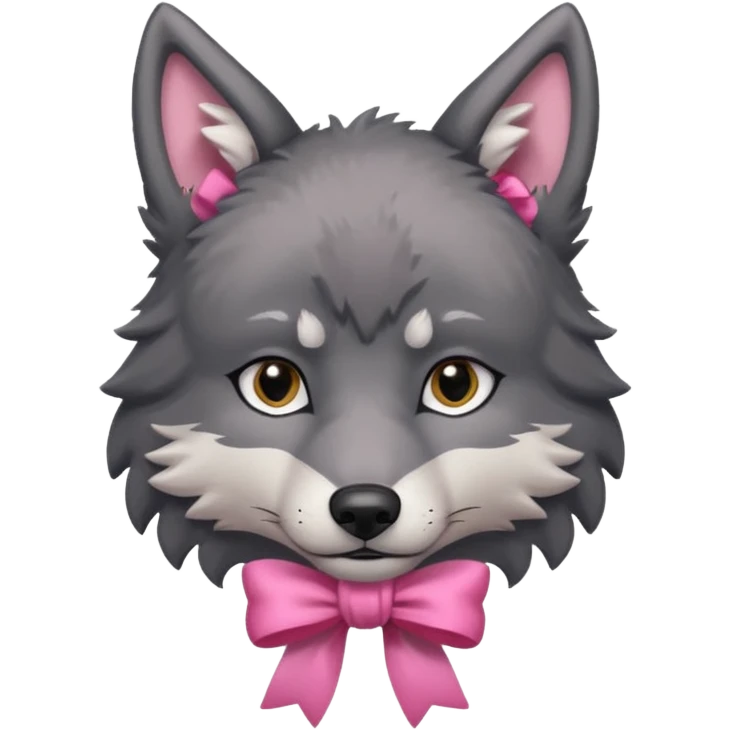sad 🥺 cute dark grey wolf with a pink ribbon ion his head emoji