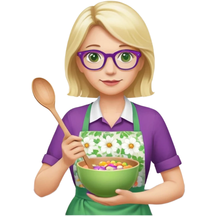 middle aged woman with shoulder length blonde hair, purple glasses, green eyes, wearing a flower apron, holding a bowl in one hand and a mixing spoon in the other emoji