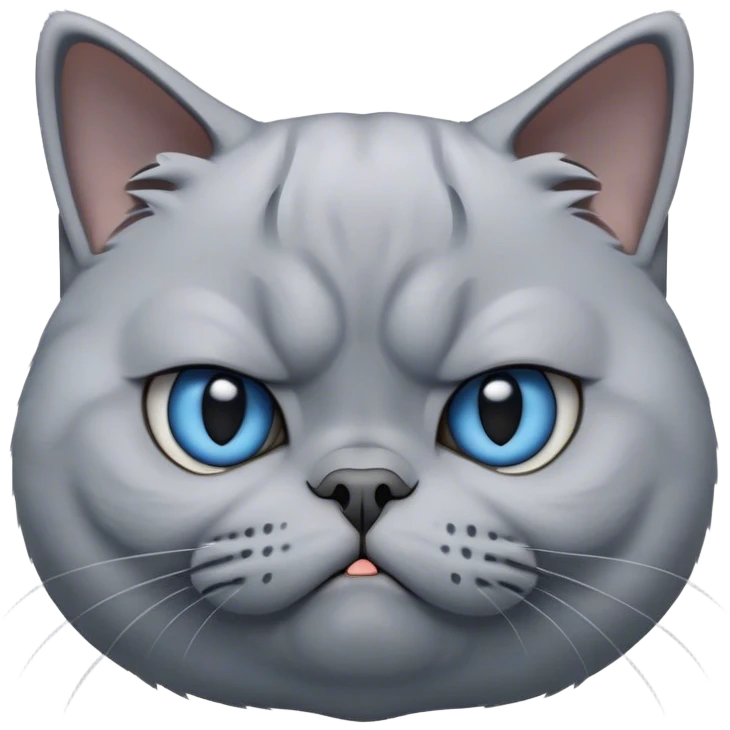 Cinematic Comical Grey British Shorthair Cat Portrait Emoji, Head tilted with a scrunched, grumpy expression, sleek soft grey fur with subtle blue undertones, Simplified yet sharp features, highly detailed, glowing with a slightly sarcastic glow, high shine, poised but with a comically displeased demeanor, stylized with an air of playful disdain, focused yet unimpressed, soft glowing outline, capturing the essence of a grumpy yet endearing kitty, so lifelike it feels like it could give you an exaggerated sigh and a disapproving stare at any moment! emoji