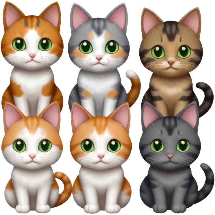 6 different coloured small cats including a dark grey and white, and a patchy calico, and a brown tabby and white,  and a completely solid dark grey with green eyes and only white paws emoji