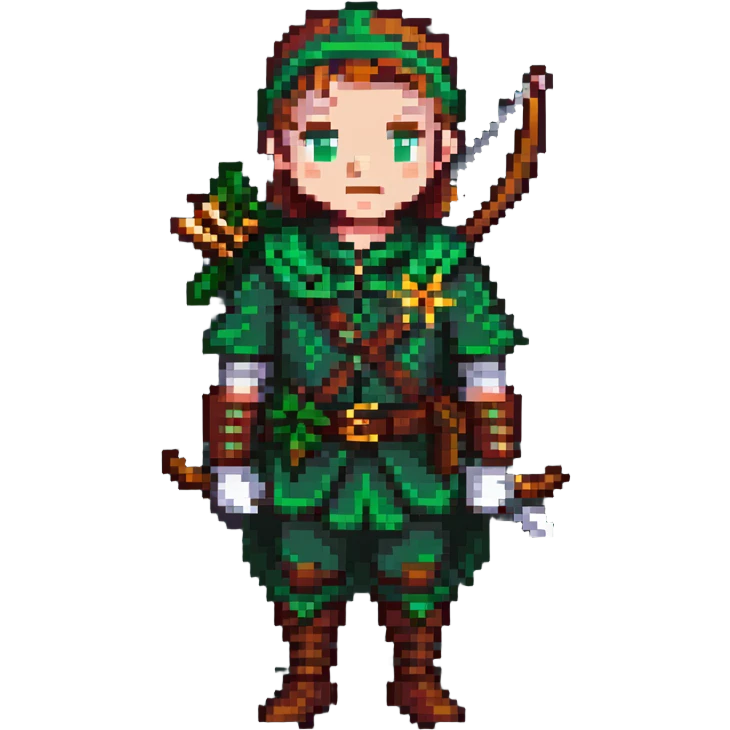 pixel art of Robin Hood with green outfit and bow emoji