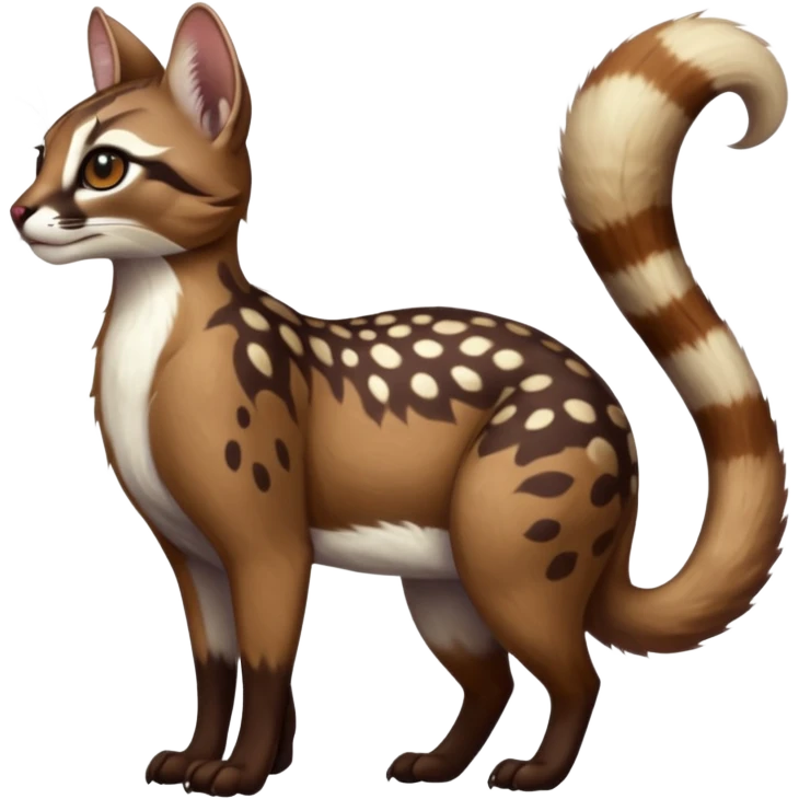Colorful dark realistic chocolate-brown tropical beige fur glorious divine exotic cute cool beautiful shiny beautiful fantasy-caracal-civet-genet-sergal-vernid-Cacomistle-oncilla-animal-hybrid-fursona with white deer-spots pattern markings (full body) emoji