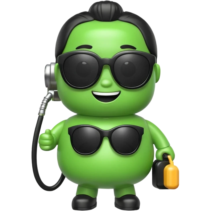 A cute 3D icon of a green gas pump character wearing oversized black sunglasses. Round and chubby proportions, glossy toy-like texture, soft pastel lighting, friendly expression, smooth edges, high-quality render, isolated on a transparent background. emoji