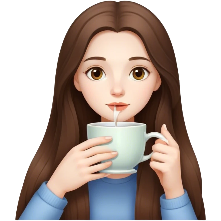  beautiful pale brunette girl with long hair drinking tea from a big cup emoji