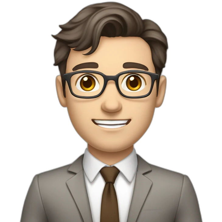 Pale skinned fit man with dark brown hair in gray jacket, beige office shirt, brown tie, brown pants and vintage glasses Writing on the flipchart emoji