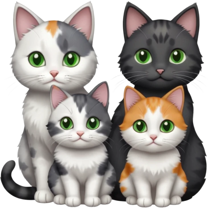 3 different coloured small cats including a dark grey and white, and a patchy calico and a completely solid dark grey with green eyes and only white paws emoji