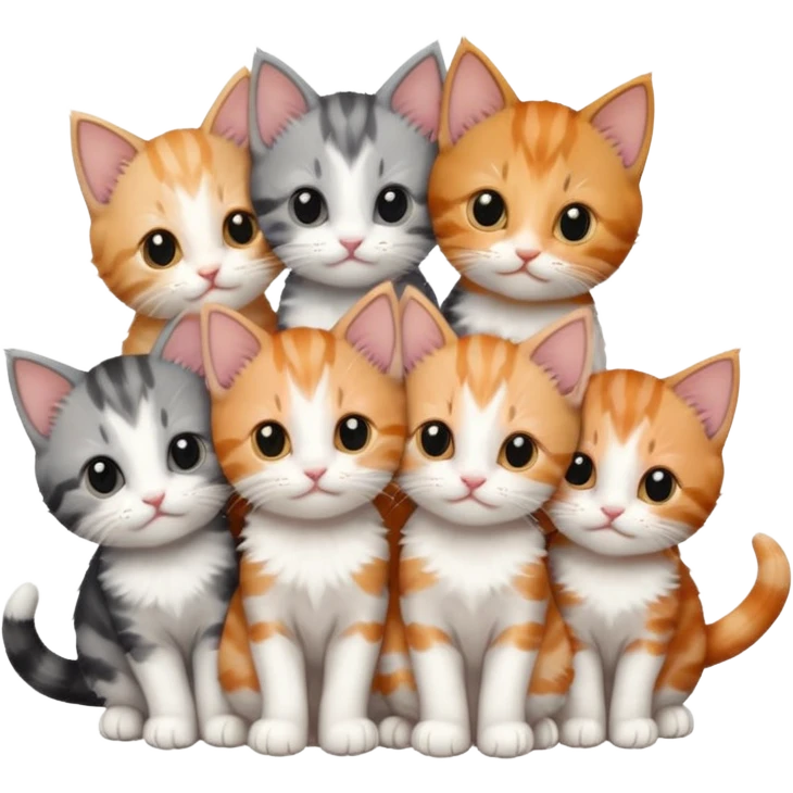 6 tiny kittens cuddling together all different colours, the first one is grey and white, the second is ginger and white and the third is brown tabby and white emoji