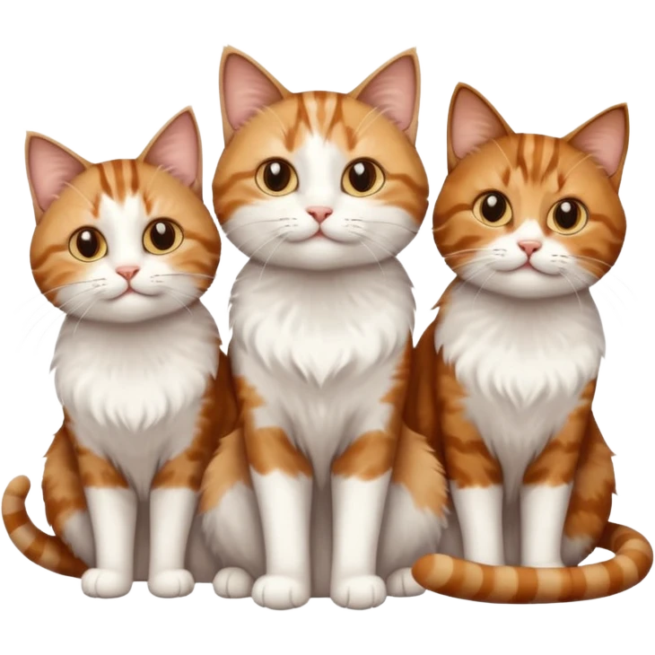 3 sibling cats each are various different natural colours; brown tabby and white, calico, and ginger and white emoji